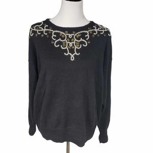 Dana Scott Vintage size Large Black Knit Gold Pearl Beaded Ramie Cotton Sweater